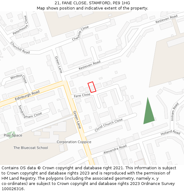 21, FANE CLOSE, STAMFORD, PE9 1HG: Location map and indicative extent of plot