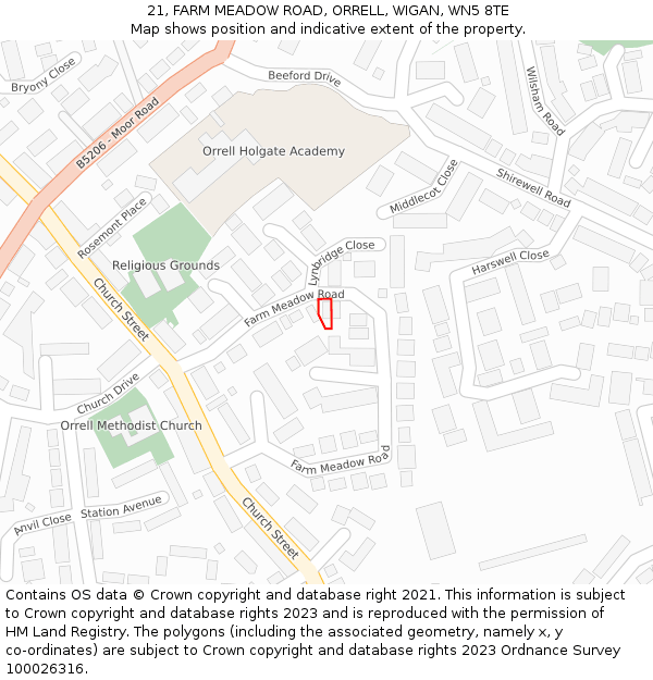 21, FARM MEADOW ROAD, ORRELL, WIGAN, WN5 8TE: Location map and indicative extent of plot