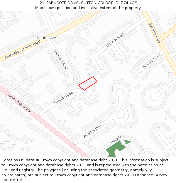 21, FARNCOTE DRIVE, SUTTON COLDFIELD, B74 4QS: Location map and indicative extent of plot