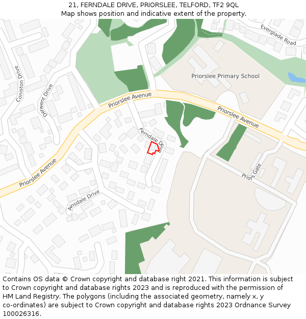 21, FERNDALE DRIVE, PRIORSLEE, TELFORD, TF2 9QL: Location map and indicative extent of plot