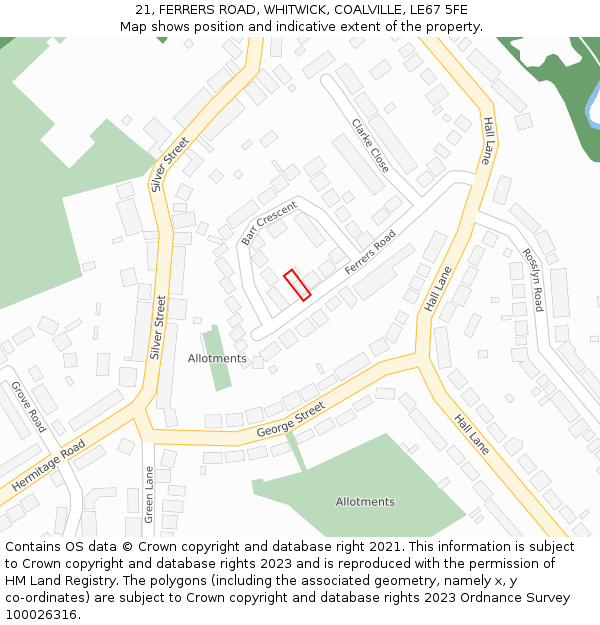 21, FERRERS ROAD, WHITWICK, COALVILLE, LE67 5FE: Location map and indicative extent of plot