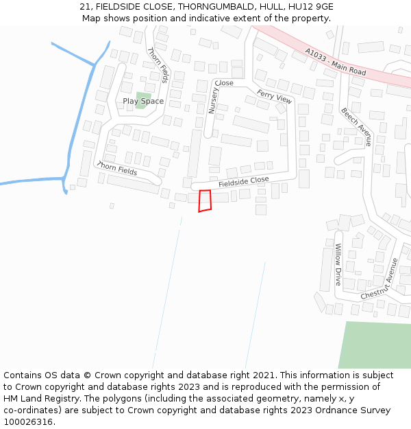 21, FIELDSIDE CLOSE, THORNGUMBALD, HULL, HU12 9GE: Location map and indicative extent of plot