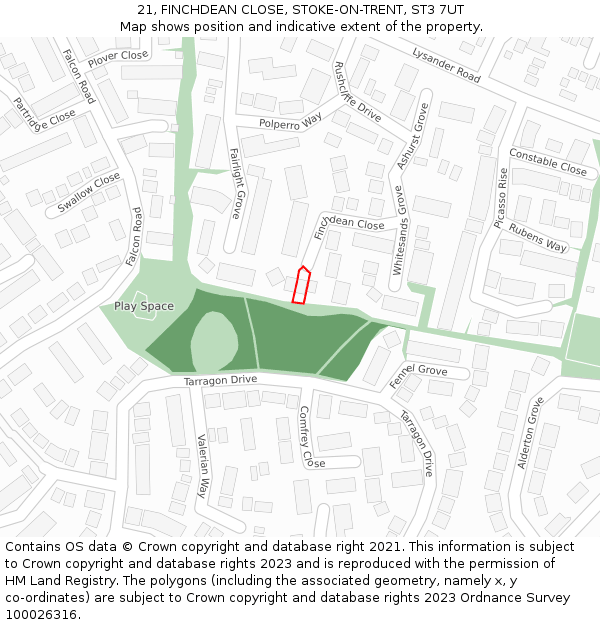21, FINCHDEAN CLOSE, STOKE-ON-TRENT, ST3 7UT: Location map and indicative extent of plot