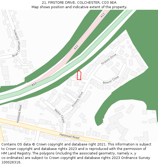 21, FIRSTORE DRIVE, COLCHESTER, CO3 9EA: Location map and indicative extent of plot