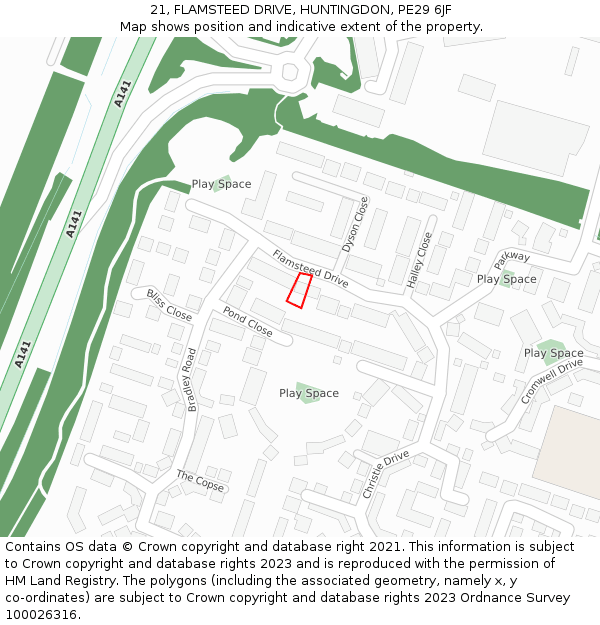 21, FLAMSTEED DRIVE, HUNTINGDON, PE29 6JF: Location map and indicative extent of plot