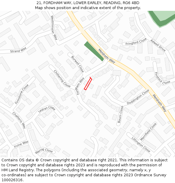 21, FORDHAM WAY, LOWER EARLEY, READING, RG6 4BD: Location map and indicative extent of plot