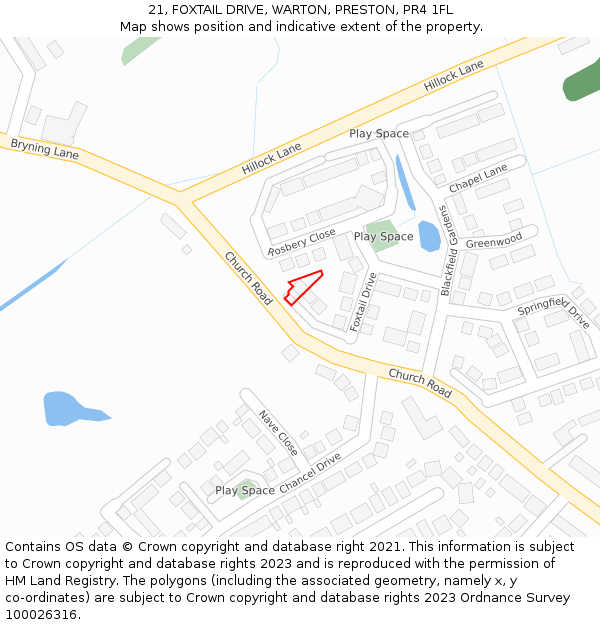 21, FOXTAIL DRIVE, WARTON, PRESTON, PR4 1FL: Location map and indicative extent of plot