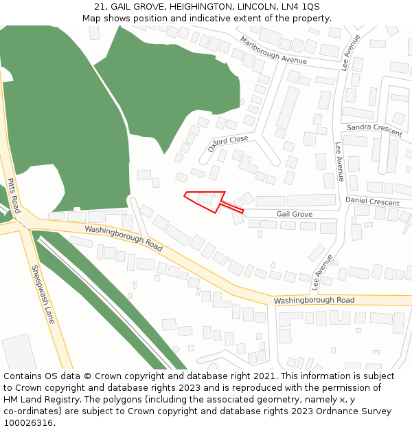 21, GAIL GROVE, HEIGHINGTON, LINCOLN, LN4 1QS: Location map and indicative extent of plot