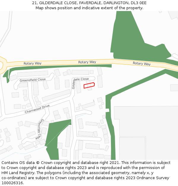 21, GILDERDALE CLOSE, FAVERDALE, DARLINGTON, DL3 0EE: Location map and indicative extent of plot