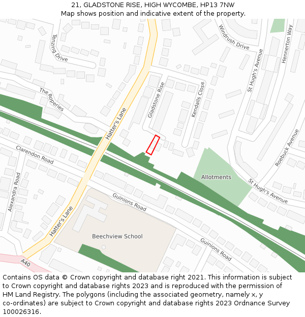 21, GLADSTONE RISE, HIGH WYCOMBE, HP13 7NW: Location map and indicative extent of plot