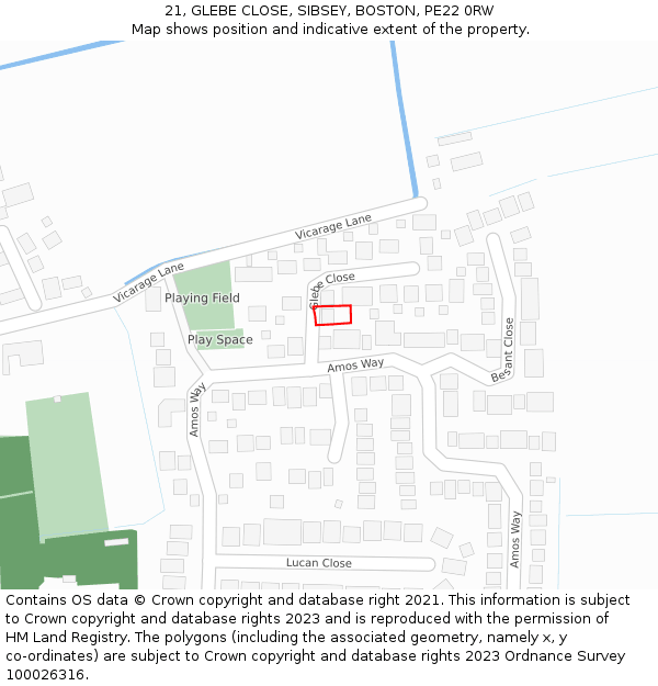 21, GLEBE CLOSE, SIBSEY, BOSTON, PE22 0RW: Location map and indicative extent of plot