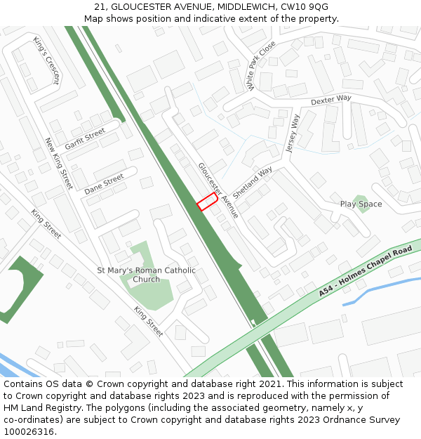 21, GLOUCESTER AVENUE, MIDDLEWICH, CW10 9QG: Location map and indicative extent of plot