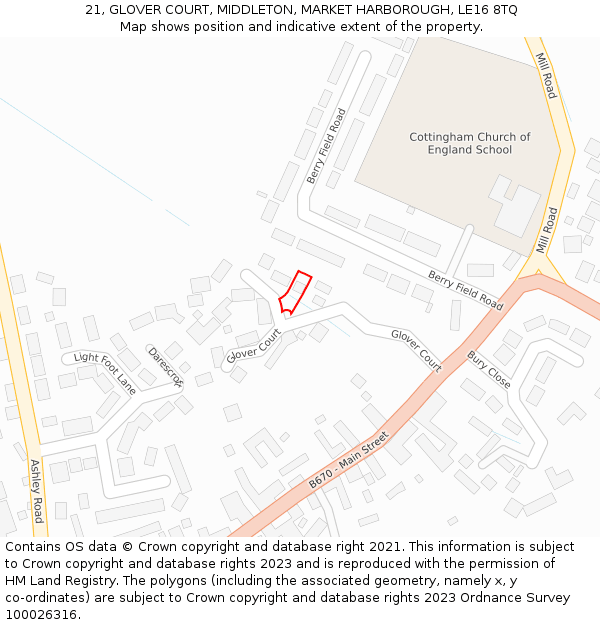 21, GLOVER COURT, MIDDLETON, MARKET HARBOROUGH, LE16 8TQ: Location map and indicative extent of plot