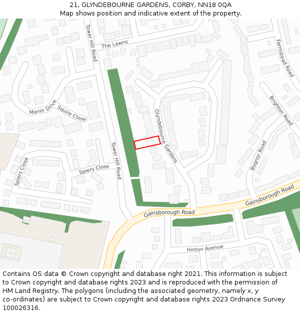 21, GLYNDEBOURNE GARDENS, CORBY, NN18 0QA: Location map and indicative extent of plot