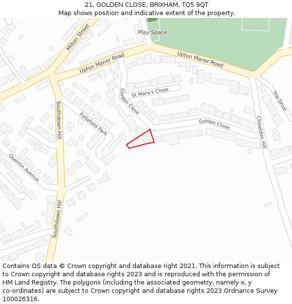 21, GOLDEN CLOSE, BRIXHAM, TQ5 9QT: Location map and indicative extent of plot