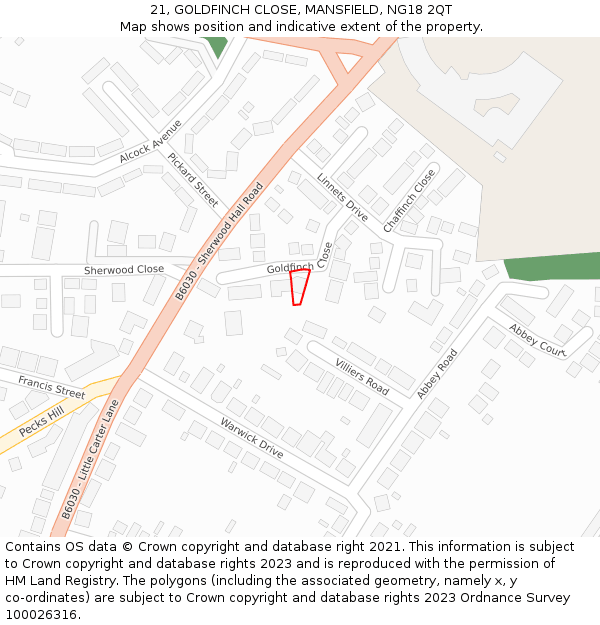 21, GOLDFINCH CLOSE, MANSFIELD, NG18 2QT: Location map and indicative extent of plot