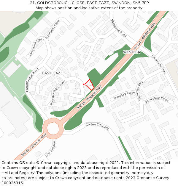 21, GOLDSBOROUGH CLOSE, EASTLEAZE, SWINDON, SN5 7EP: Location map and indicative extent of plot