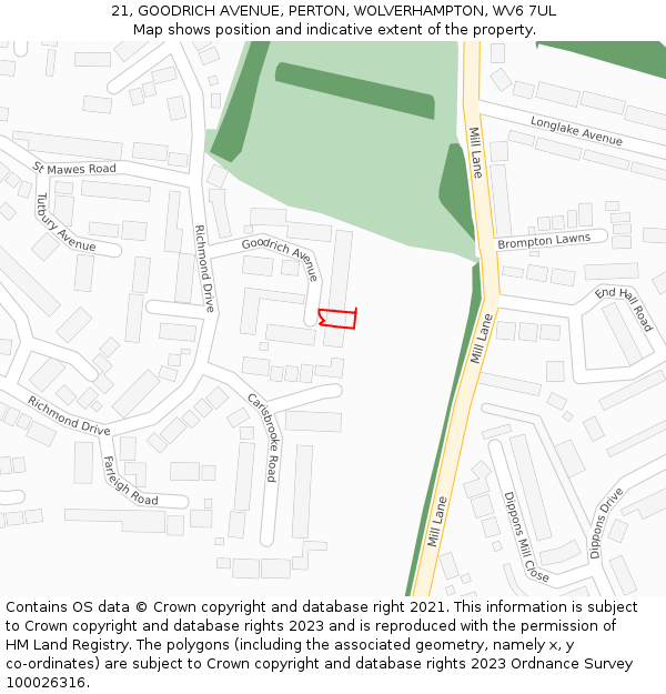 21, GOODRICH AVENUE, PERTON, WOLVERHAMPTON, WV6 7UL: Location map and indicative extent of plot