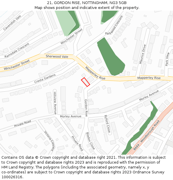 21, GORDON RISE, NOTTINGHAM, NG3 5GB: Location map and indicative extent of plot