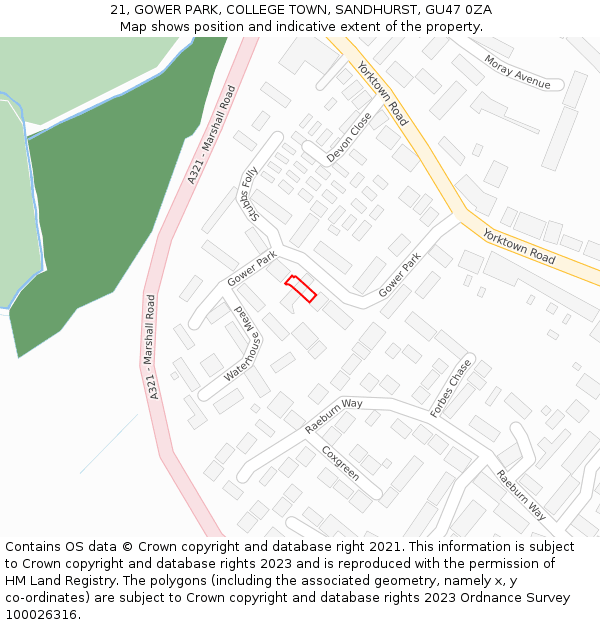 21, GOWER PARK, COLLEGE TOWN, SANDHURST, GU47 0ZA: Location map and indicative extent of plot