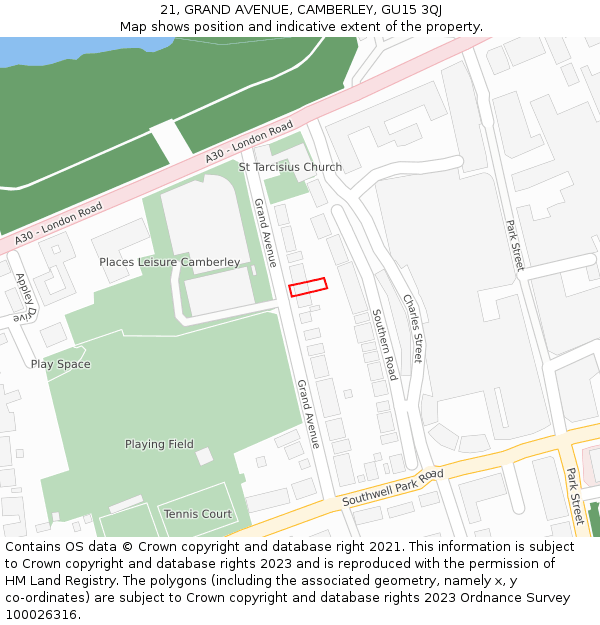 21, GRAND AVENUE, CAMBERLEY, GU15 3QJ: Location map and indicative extent of plot