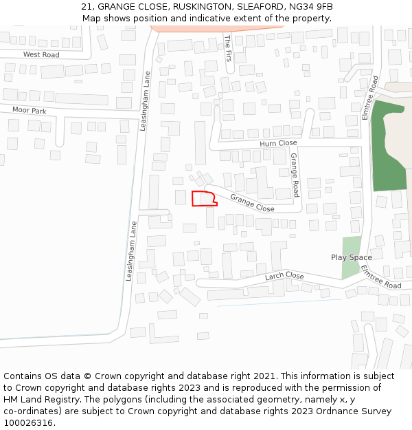 21, GRANGE CLOSE, RUSKINGTON, SLEAFORD, NG34 9FB: Location map and indicative extent of plot