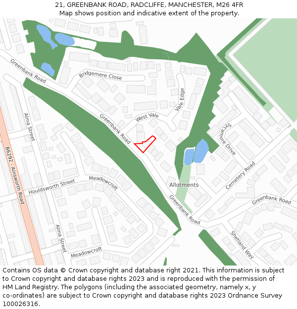 21, GREENBANK ROAD, RADCLIFFE, MANCHESTER, M26 4FR: Location map and indicative extent of plot