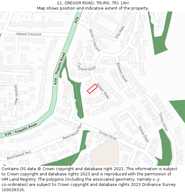 21, GREGOR ROAD, TRURO, TR1 1AH: Location map and indicative extent of plot