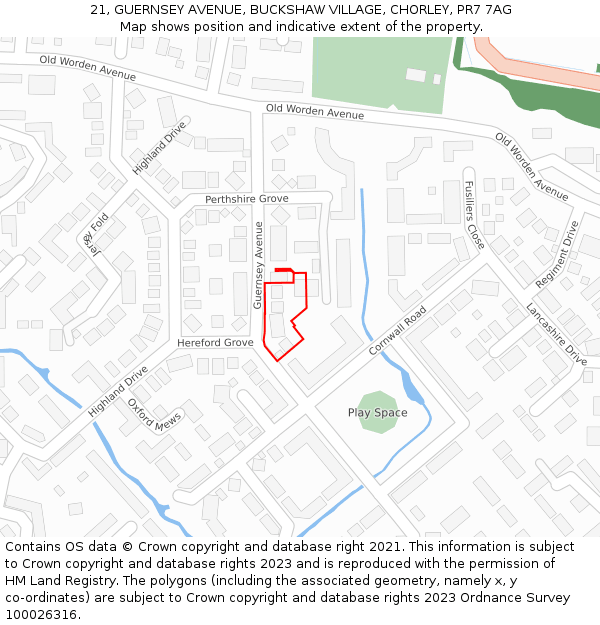 21, GUERNSEY AVENUE, BUCKSHAW VILLAGE, CHORLEY, PR7 7AG: Location map and indicative extent of plot