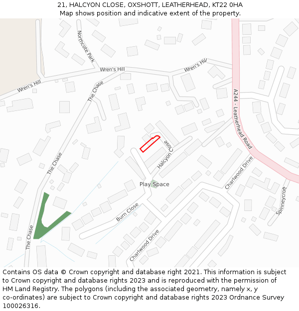 21, HALCYON CLOSE, OXSHOTT, LEATHERHEAD, KT22 0HA: Location map and indicative extent of plot