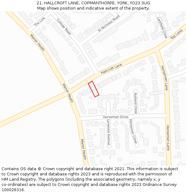 21, HALLCROFT LANE, COPMANTHORPE, YORK, YO23 3UG: Location map and indicative extent of plot