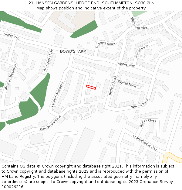 21, HANSEN GARDENS, HEDGE END, SOUTHAMPTON, SO30 2LN: Location map and indicative extent of plot