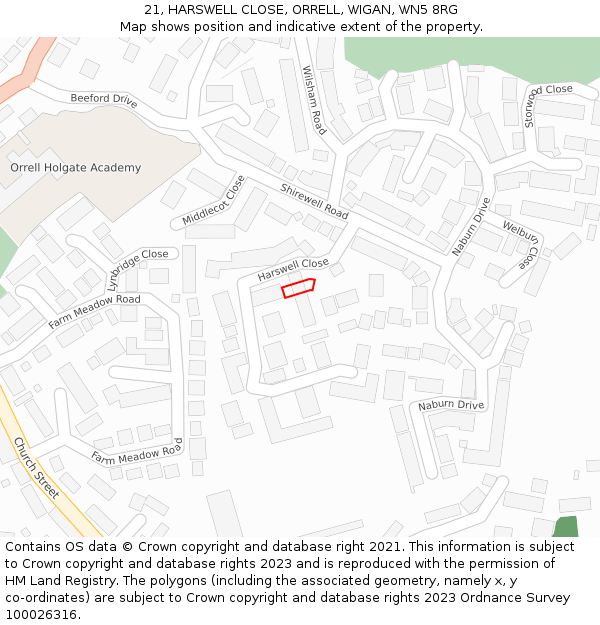 21, HARSWELL CLOSE, ORRELL, WIGAN, WN5 8RG: Location map and indicative extent of plot