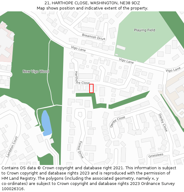 21, HARTHOPE CLOSE, WASHINGTON, NE38 9DZ: Location map and indicative extent of plot