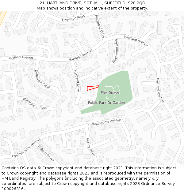 21, HARTLAND DRIVE, SOTHALL, SHEFFIELD, S20 2QD: Location map and indicative extent of plot
