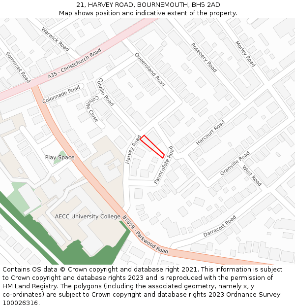 21, HARVEY ROAD, BOURNEMOUTH, BH5 2AD: Location map and indicative extent of plot