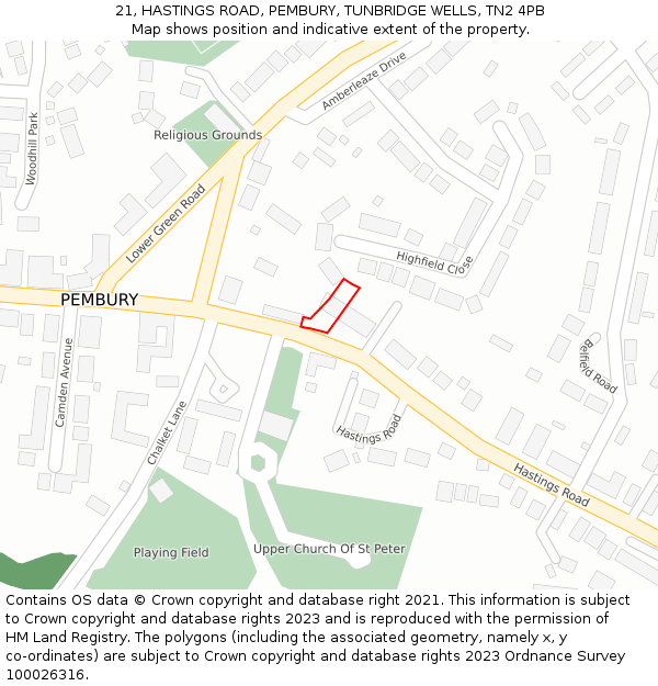 21, HASTINGS ROAD, PEMBURY, TUNBRIDGE WELLS, TN2 4PB: Location map and indicative extent of plot
