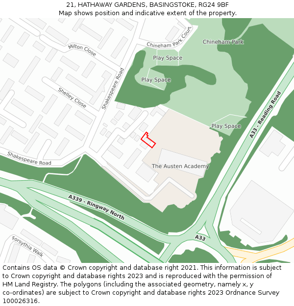21, HATHAWAY GARDENS, BASINGSTOKE, RG24 9BF: Location map and indicative extent of plot