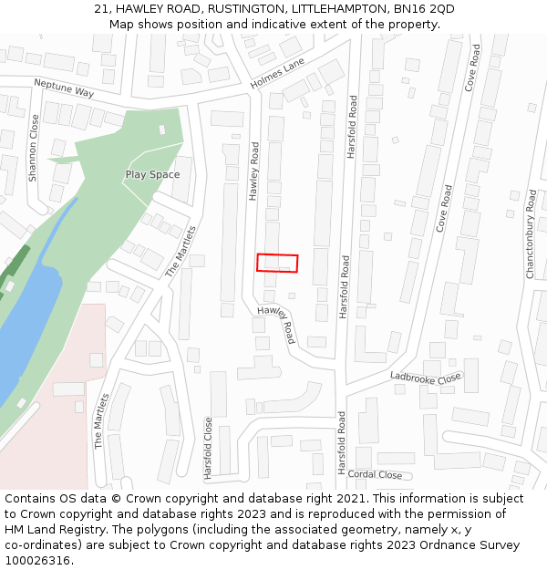 21, HAWLEY ROAD, RUSTINGTON, LITTLEHAMPTON, BN16 2QD: Location map and indicative extent of plot