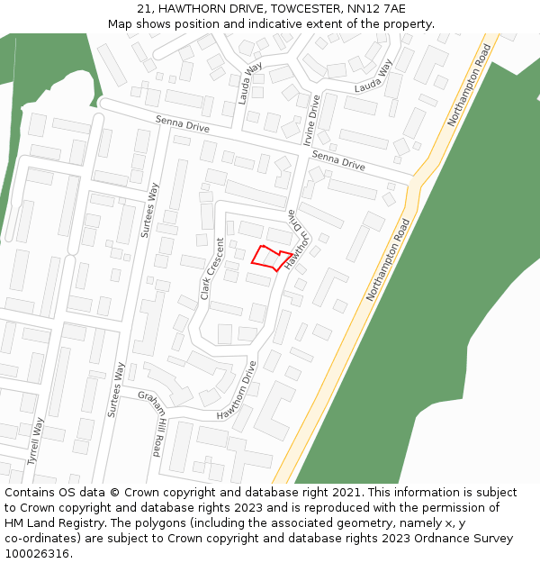 21, HAWTHORN DRIVE, TOWCESTER, NN12 7AE: Location map and indicative extent of plot