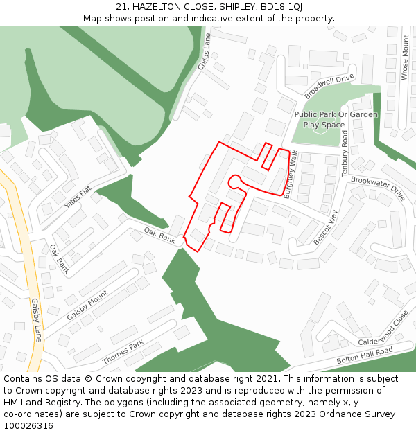 21, HAZELTON CLOSE, SHIPLEY, BD18 1QJ: Location map and indicative extent of plot