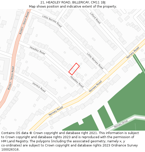 21, HEADLEY ROAD, BILLERICAY, CM11 1BJ: Location map and indicative extent of plot