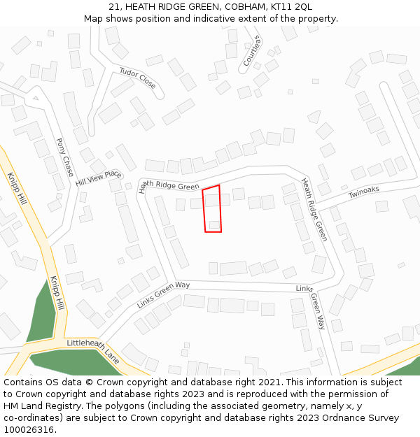 21, HEATH RIDGE GREEN, COBHAM, KT11 2QL: Location map and indicative extent of plot