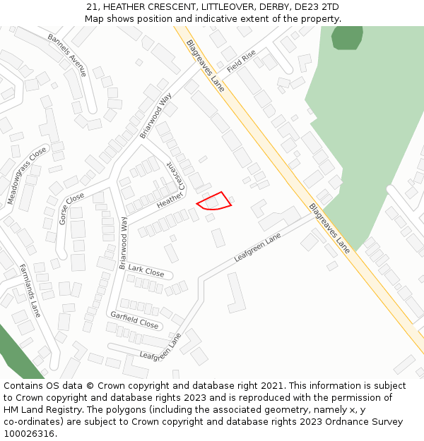 21, HEATHER CRESCENT, LITTLEOVER, DERBY, DE23 2TD: Location map and indicative extent of plot