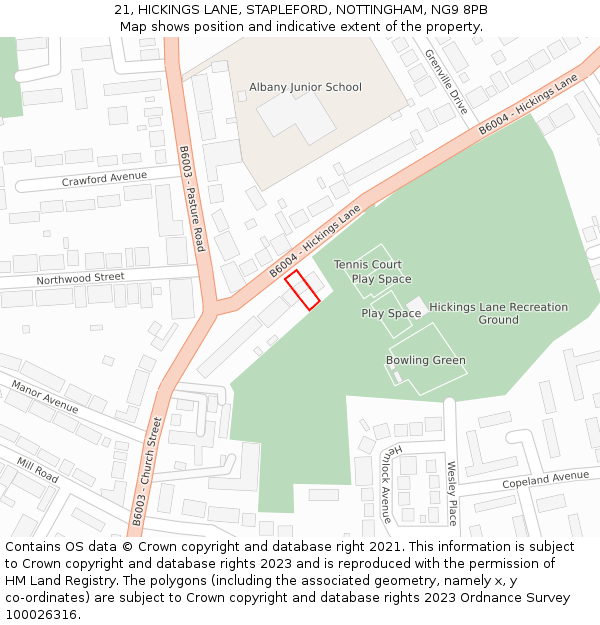 21, HICKINGS LANE, STAPLEFORD, NOTTINGHAM, NG9 8PB: Location map and indicative extent of plot