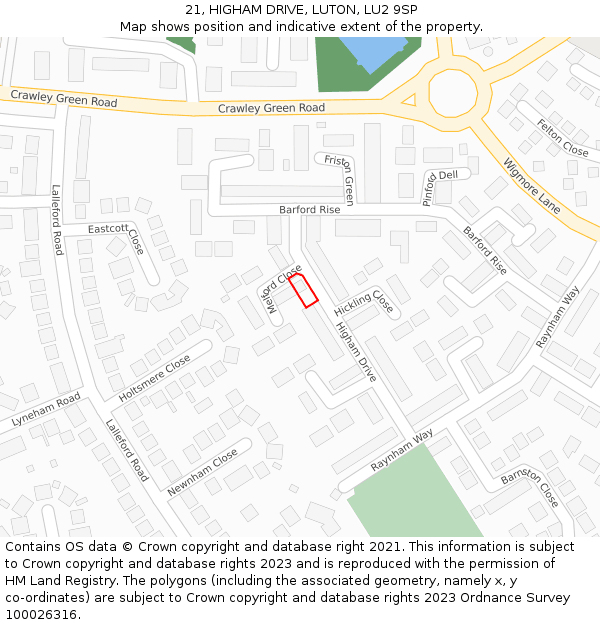 21, HIGHAM DRIVE, LUTON, LU2 9SP: Location map and indicative extent of plot