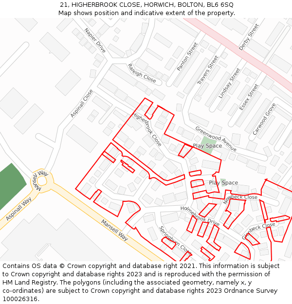 21, HIGHERBROOK CLOSE, HORWICH, BOLTON, BL6 6SQ: Location map and indicative extent of plot