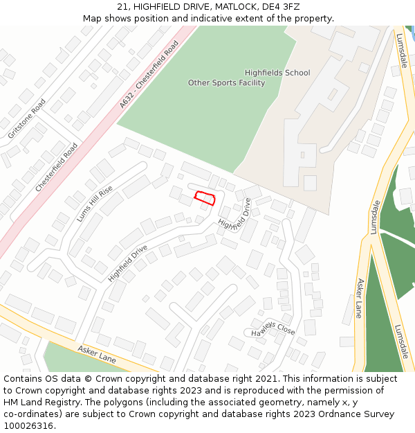 21, HIGHFIELD DRIVE, MATLOCK, DE4 3FZ: Location map and indicative extent of plot