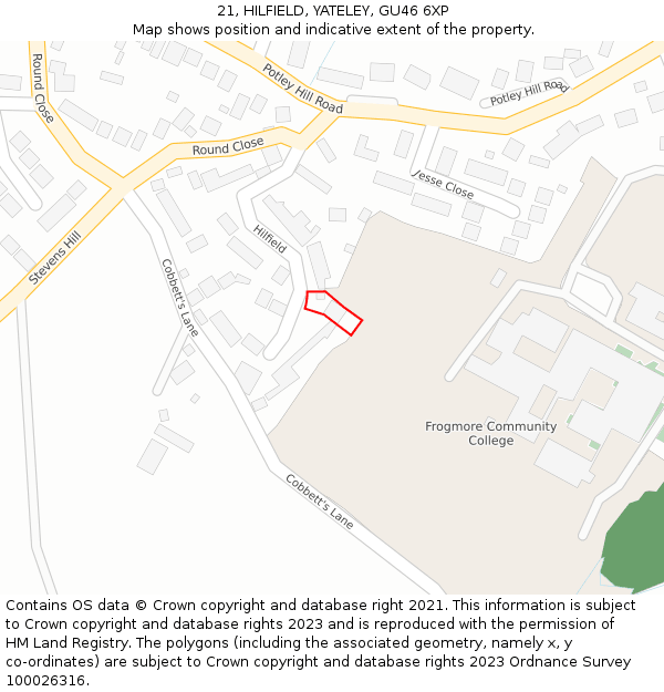 21, HILFIELD, YATELEY, GU46 6XP: Location map and indicative extent of plot