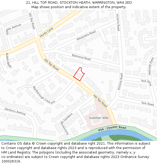 21, HILL TOP ROAD, STOCKTON HEATH, WARRINGTON, WA4 2ED: Location map and indicative extent of plot